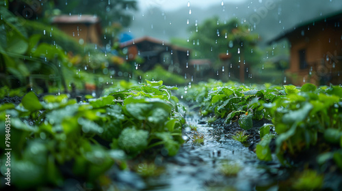 A garden with plants and a stream of water