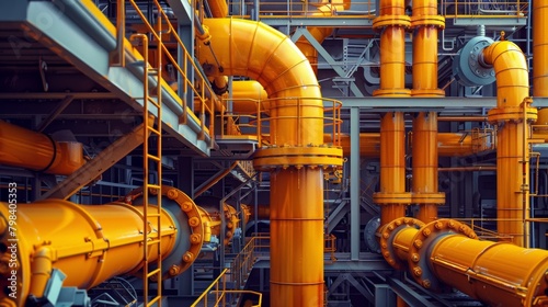 Complex maze of orange industrial pipes at a chemical processing plant