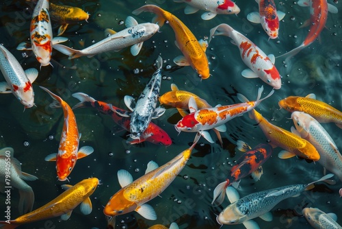 Overhead view of koi carps swimming in pond River pond decorative orange underwater fishes nishikigoi. Aquarium koi Asian Japanese wildlife colorful landscape nature clear water photo