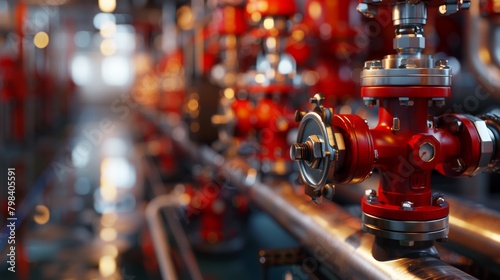 Ultra-realistic wet fire protection valves with droplets in industrial settinG