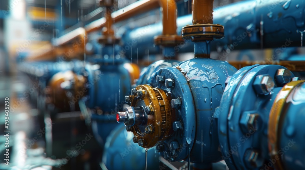 Close-up of blue water pump valves in operation at an industrial plant, showcasing fluid dynamics Close-up of blue water pump valves in operation at an industrial plant, showcasing fluid dynamics