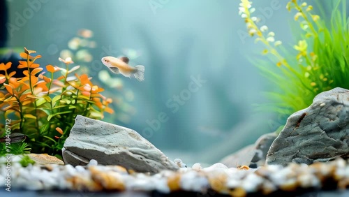 Small fish swims in serene aquarium with plants and rocks photo
