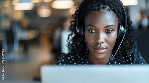 Call center agent with headset working on support hotline in modern office. Portrait of beautiful African American young woman in conversation. AI Generated photo