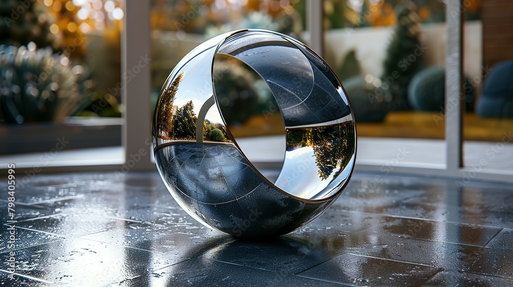 Dynamic Rotation: Glass Orb Encircled by Metal on Curved Surface Dynamic Rotation: Glass Orb Encircled by Metal on Curved Surface