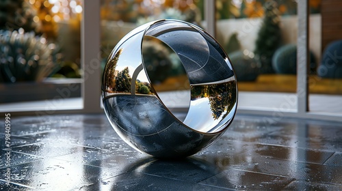 Dynamic Rotation: Glass Orb Encircled by Metal on Curved Surface