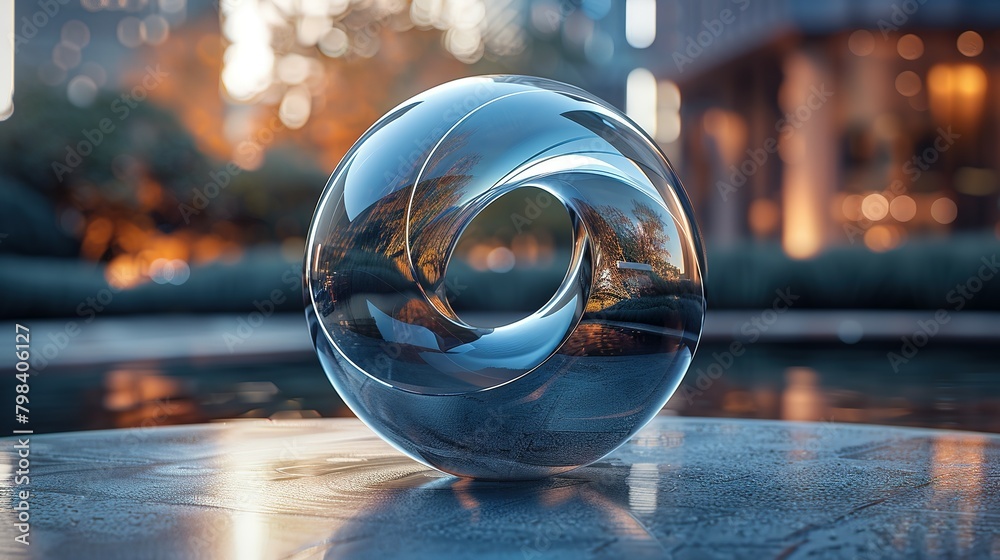 Dynamic Rotation: Glass Orb Encircled by Metal on Curved Surface Dynamic Rotation: Glass Orb Encircled by Metal on Curved Surface