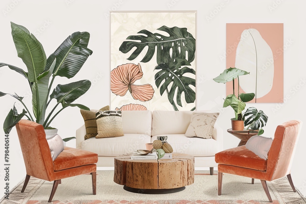 Chic Peach: Stylish Modern Living with Botanical Elements and Contemporary Furniture