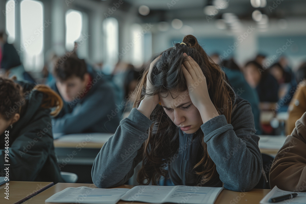 Stressed and sad young woman taking an exam, feeling unhappy and overwhelmed by the weight of her career aspirations during her studies Stressed and sad young woman taking an exam, feeling unhappy and overwhelmed by the weight of her career aspirations during her studies