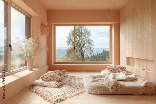 Nature-Lit Peach-Toned Haven: Minimalist Furnishings & Modern Touch