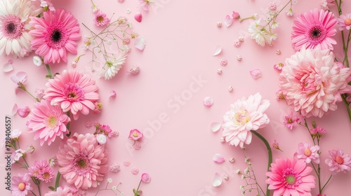 An exquisite arrangement of beautiful pink flowers set against a soft pastel pink backdrop perfect for occasions like Valentine s Day Easter Women s Day and Mother s Day This flat lay prese