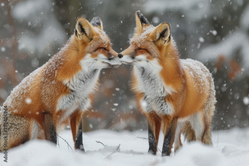 A pair of red foxes playing in a snow-covered forest clearing, Red Fox - Vulpes vulpes, sitting up at attention, direct eye contact, a little snow in its face, tree bokeh in background Red Fox. 