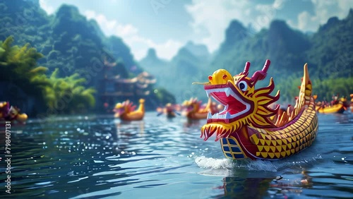 Dragon boats racing on river with scenic mountains in animated motion background photo