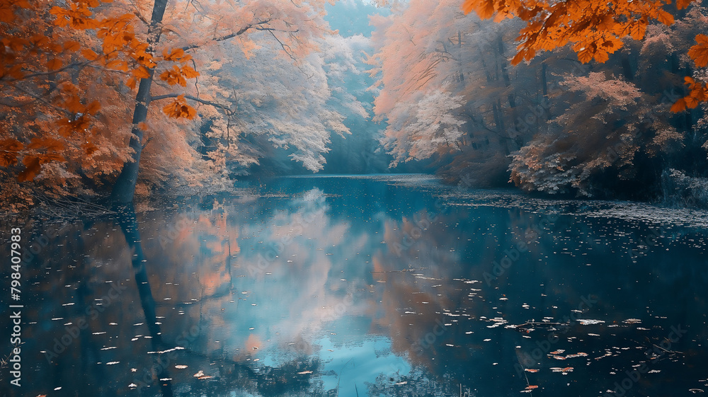 Autumnal forest reflecting on tranquil water, with floating leaves and a serene, misty atmosphere.