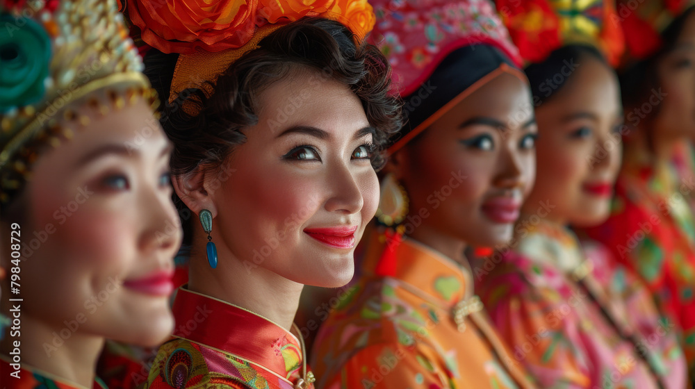 Obraz premium A group of women wearing traditional Asian clothing and hats