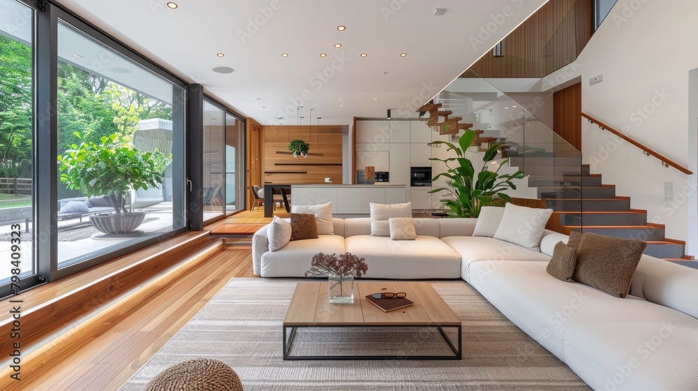 A luxurious living room. The tree outside the window