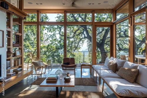 Serene Tree Views: Urban Home Design with Sustainable & Comfortable Furniture