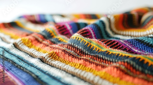 A vibrant Mexican serape blanket pops against a crisp white backdrop leaving room for your text or design © 2rogan