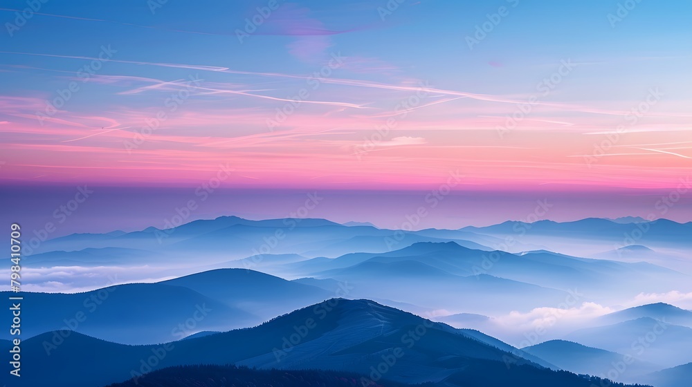 The sky at dawn, with the horizon pink and blue, mountains in misty layers below. For Design, Background, Cover, Poster, Banner, PPT, KV design, Wallpaper