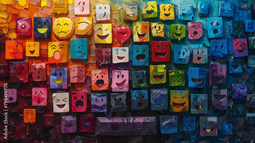A colorful painting of many faces with different expressions