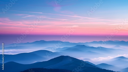 The sky at dawn, with the horizon pink and blue, mountains in misty layers below. For Design, Background, Cover, Poster, Banner, PPT, KV design, Wallpaper