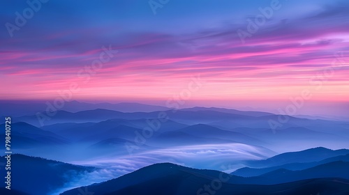 The sky at dawn  with the horizon pink and blue  mountains in misty layers below. For Design  Background  Cover  Poster  Banner  PPT  KV design  Wallpaper