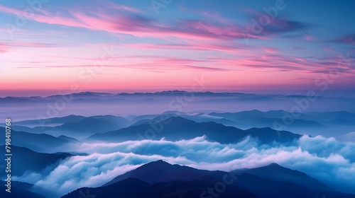 The sky at dawn, with the horizon pink and blue, mountains in misty layers below. For Design, Background, Cover, Poster, Banner, PPT, KV design, Wallpaper © horizor