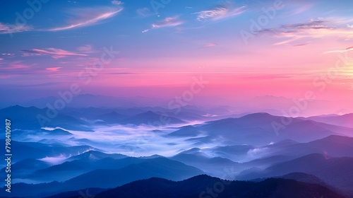 The sky at dawn, with the horizon pink and blue, mountains in misty layers below. For Design, Background, Cover, Poster, Banner, PPT, KV design, Wallpaper