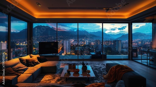 At night, the luxurious living room, the city outside the window