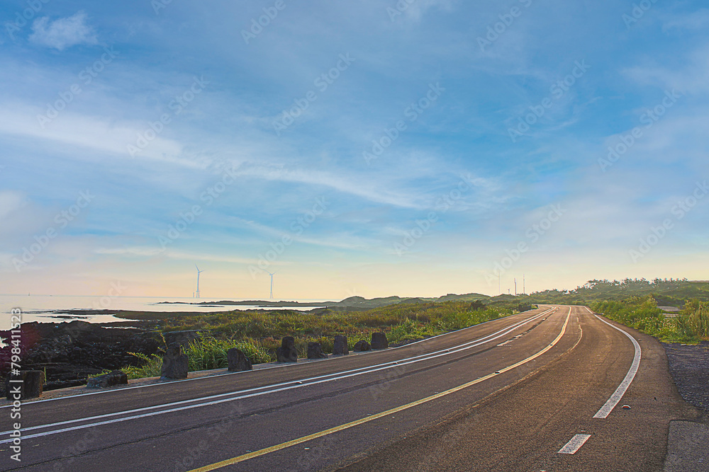 Fototapeta premium 해안도로, 여름, 바다, 제주도, 풍경, 자연, 휴양, 휴식