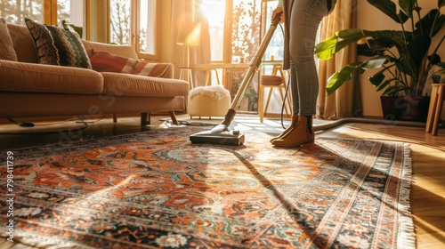 A person vacuuming a large, patterned rug in a sunny living room