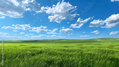 The vast grassland under the blue sky and white clouds  with endless green meadows stretching to the horizon. 