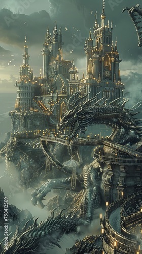 Bring the Robotic Fairy Tale to life with a Worms-eye view illustration of a futuristic castle guarded by robotic dragons and controlled by a technologically advanced queen Capture