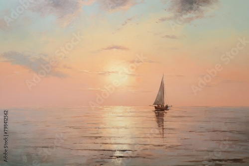 Sunset on sea watercraft sailboat painting.