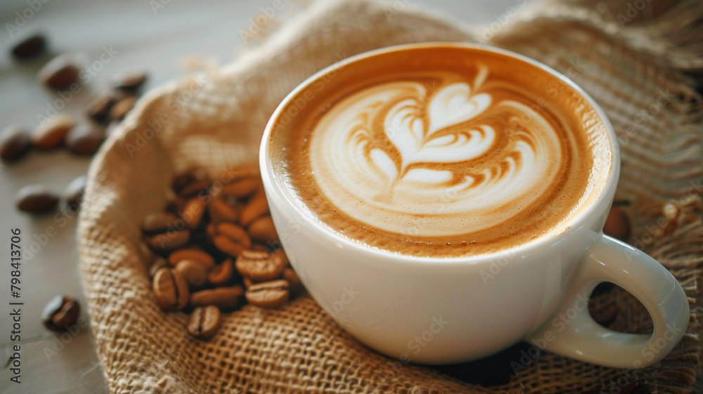 Cup of cappucino with latte art suitable for cafe promotion and social media. Cup of cappucino with latte art suitable for cafe promotion and social media.