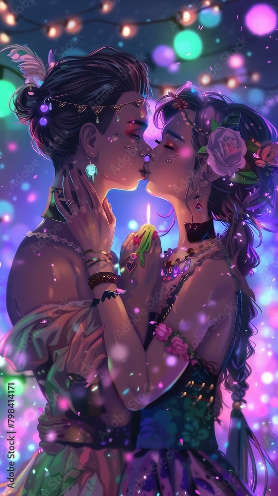 Fototapeta premium A stolen kiss amidst the festivities, love in the midst of celebration, candid affection 916