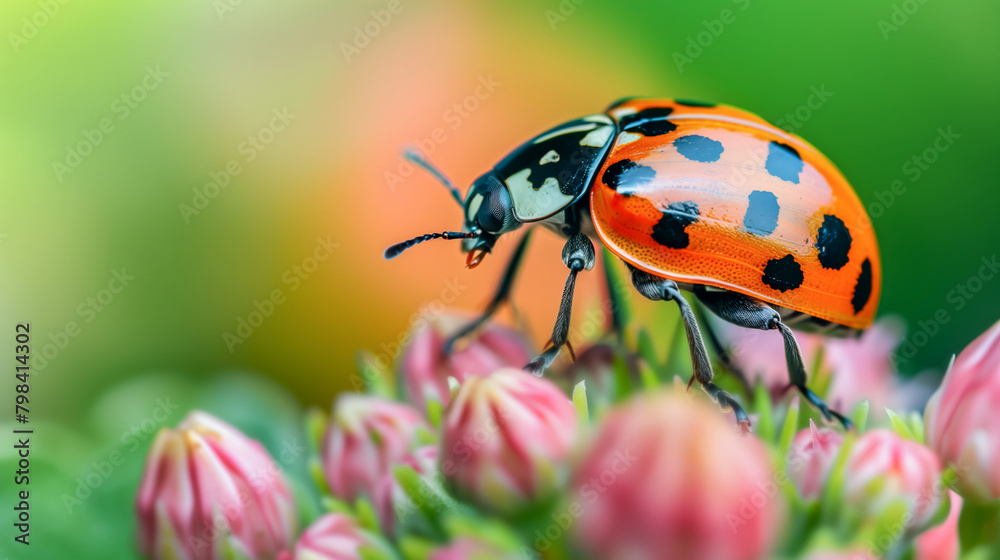 Fototapeta premium Vibrant ladybug perched on a delicate flower, ideal for nature themed designs, greeting cards, educational materials, or environmental campaigns.