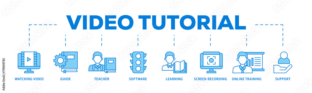 Video tutorial icons process flow web banner illustration of watching video, guide, teacher, software, learning, screen recording, online training, support icon live stroke and easy to edit Video tutorial icons process flow web banner illustration of watching video, guide, teacher, software, learning, screen recording, online training, support icon live stroke and easy to edit