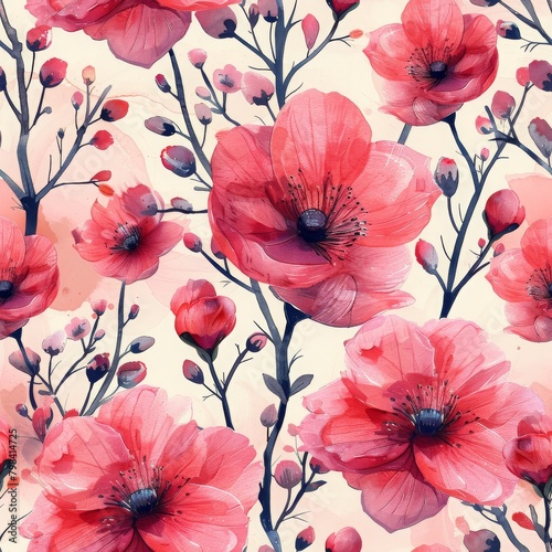 A seamless pattern featuring delicate red poppies in watercolor  ideal for fabric design  wallpaper  or creative backgrounds.