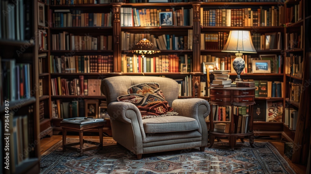 At night, the bookshelf in the study is filled with books and sofas At night, the bookshelf in the study is filled with books and sofas