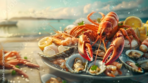 A fresh seafood spread with lobster, prawns, and shellfish, presented on a table with a scenic ocean background and warm sunlight.