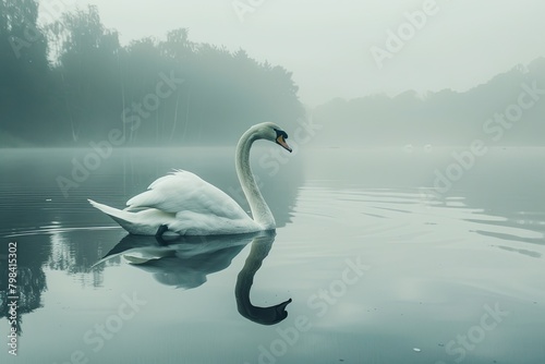 profile of white swan on blue misty lake. graceful swan gliding across a tranquil lake  its reflection mirrored perfectly on the still water White swan in the foggy lake at the dawn. Morning lights. 