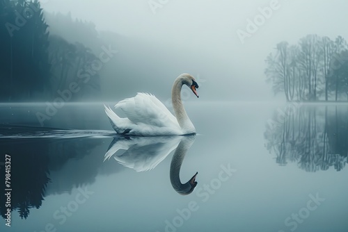profile of white swan on blue misty lake. graceful swan gliding across a tranquil lake, its reflection mirrored perfectly on the still water White swan in the foggy lake at the dawn. Morning lights. 