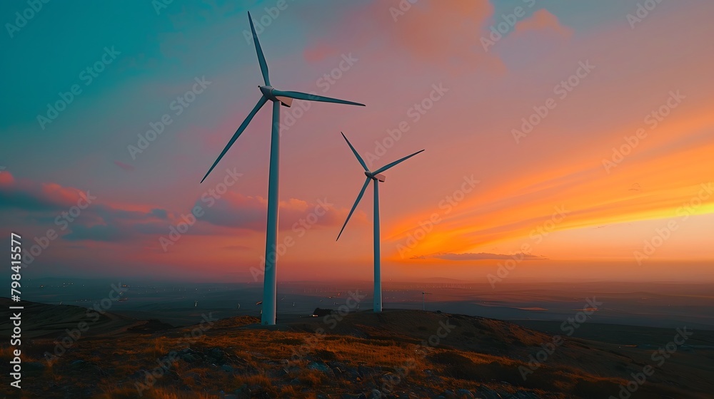 Two wind turbines standing tall against the backdrop of an orange and pink sky, their blades spinning gracefully in harmony with nature's power. Two wind turbines standing tall against the backdrop of an orange and pink sky, their blades spinning gracefully in harmony with nature's power.