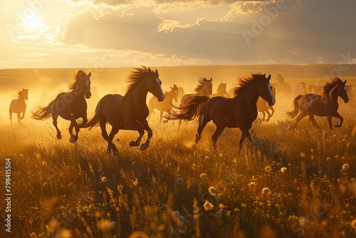 Horse herd run in desert sand storm against dramatic sky Small band of wild horses approaches with curiosity in the high desert West Horses run gallop in flower meadow