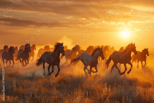 Horse herd run in desert sand storm against dramatic sky Small band of wild horses approaches with curiosity in the high desert West Horses run gallop in flower meadow