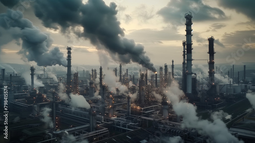 A large oil refinery with smokestacks emitting thick black clouds of air pollution photo