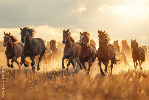 Horse herd run in desert sand storm against dramatic sky Small band of wild horses approaches with curiosity in the high desert West Horses run gallop in flower meadow photo