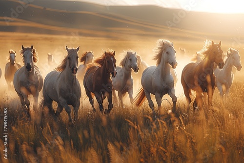 Horse herd run in desert sand storm against dramatic sky Small band of wild horses approaches with curiosity in the high desert West Horses run gallop in flower meadow photo