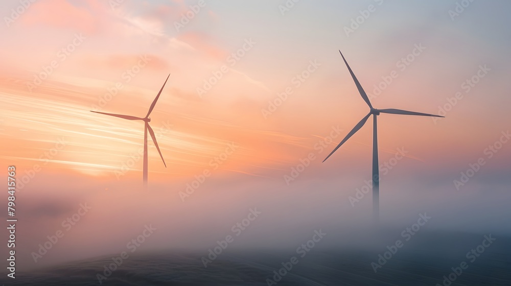 Obraz premium Two wind turbines standing tall against the backdrop of an orange and pink sky, their blades spinning gracefully in harmony with nature's power. 