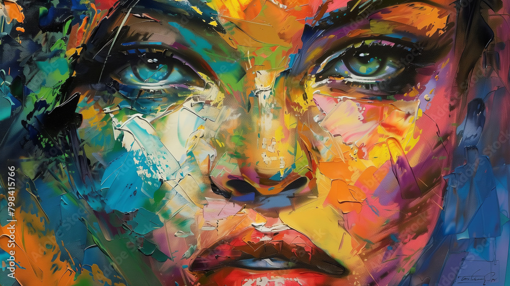 Female close up ace adorned with vibrant colors and expressive brushstrokes that capture the essence of his artistry. Oil painting